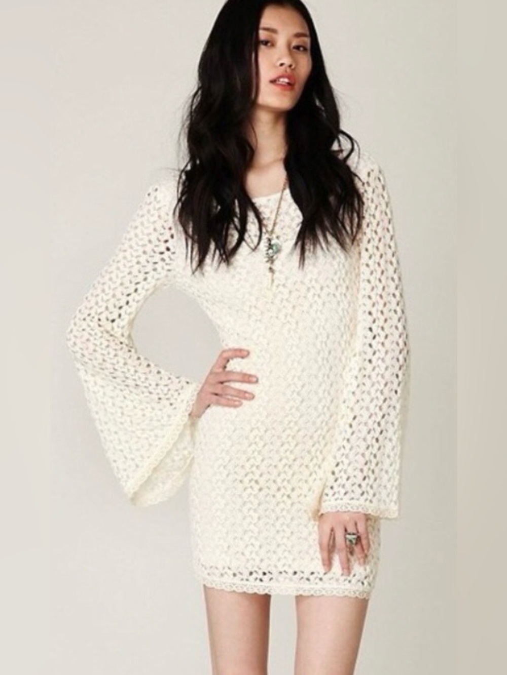 Free People Ivory Crochet Lace Open Back Mini Dress Boho Bell Sleeve Tunic